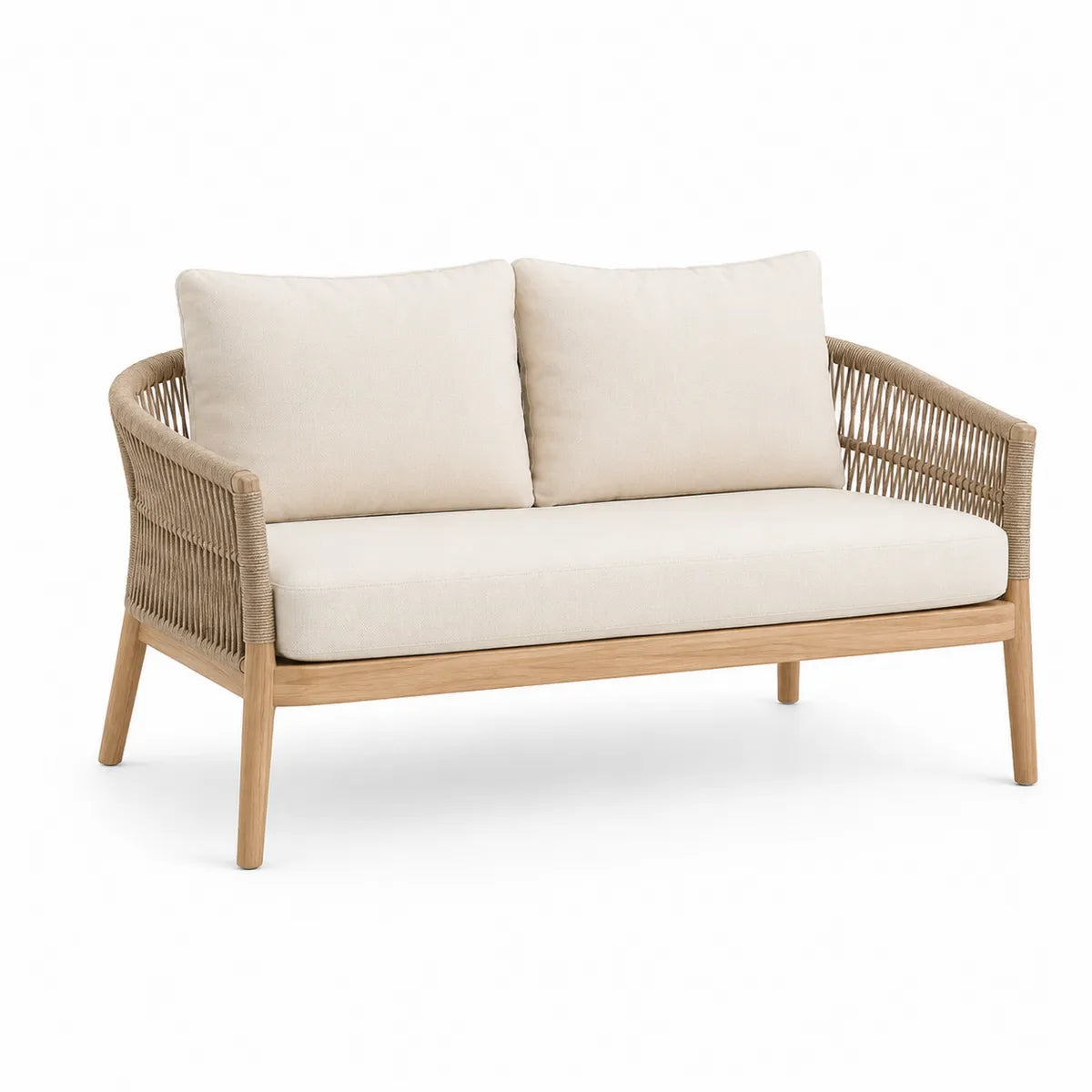 Sofa dwuosobowa z drewna teak i liną, beżowa