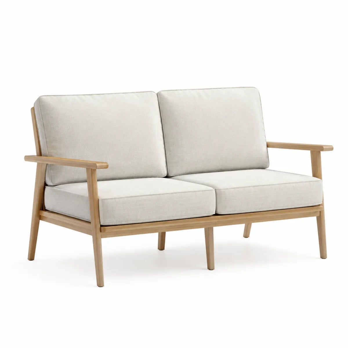 Dwuosobowa sofa z beżowymi poduszkami drewno tekowe 130 cm