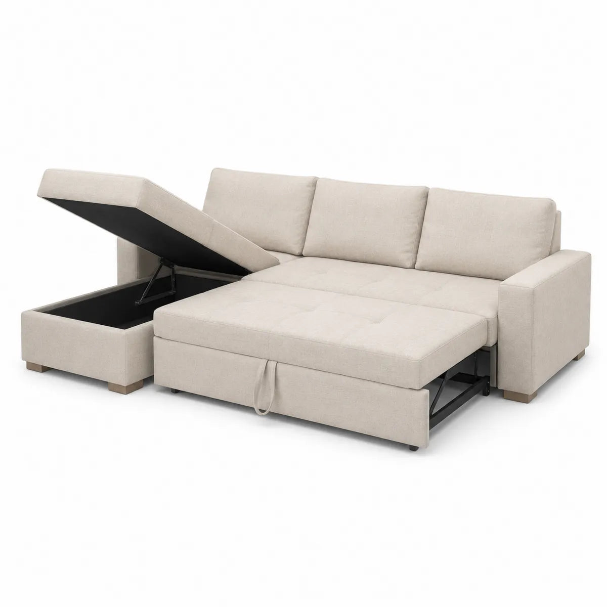 Beżowa sofa rozkładana z funkcją spania i schowkiem