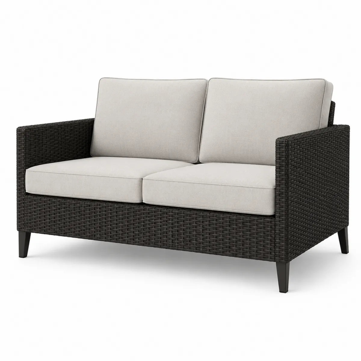 Dwuosobowa sofa z technorattanu antracytowa z kremowymi poduszkami