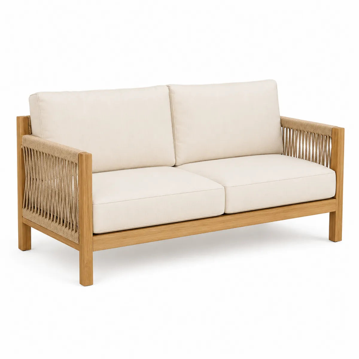 Dwuosobowa sofa teakowa z beżowymi poduszkami