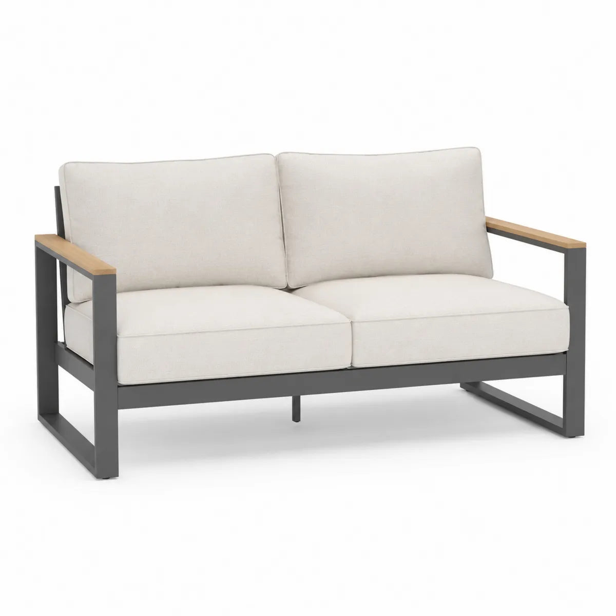 Dwuosobowa sofa ogrodowa z beżowymi poduszkami i aluminiowym stelażem