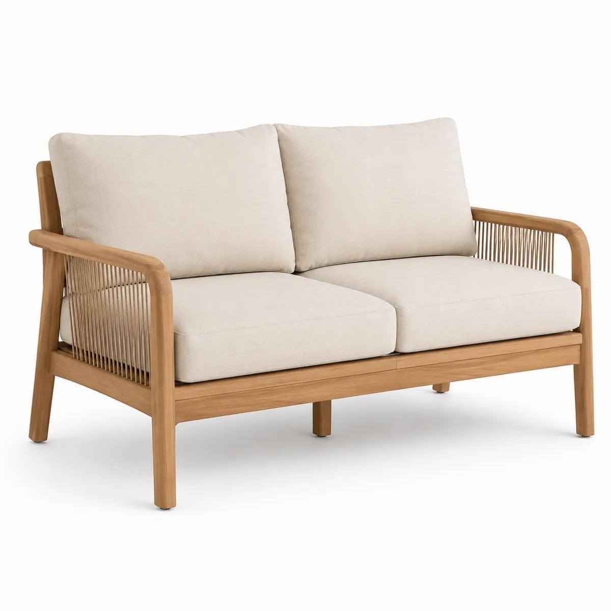 Sofa ogrodowa z drewna tekowego z kremowymi poduszkami, 2-osobowa