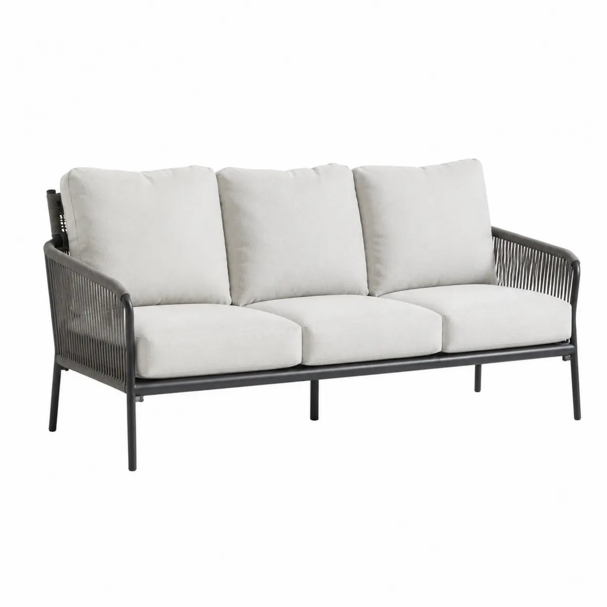 Sofa ogrodowa trzyosobowa z metalową ramą i szarymi poduszkami