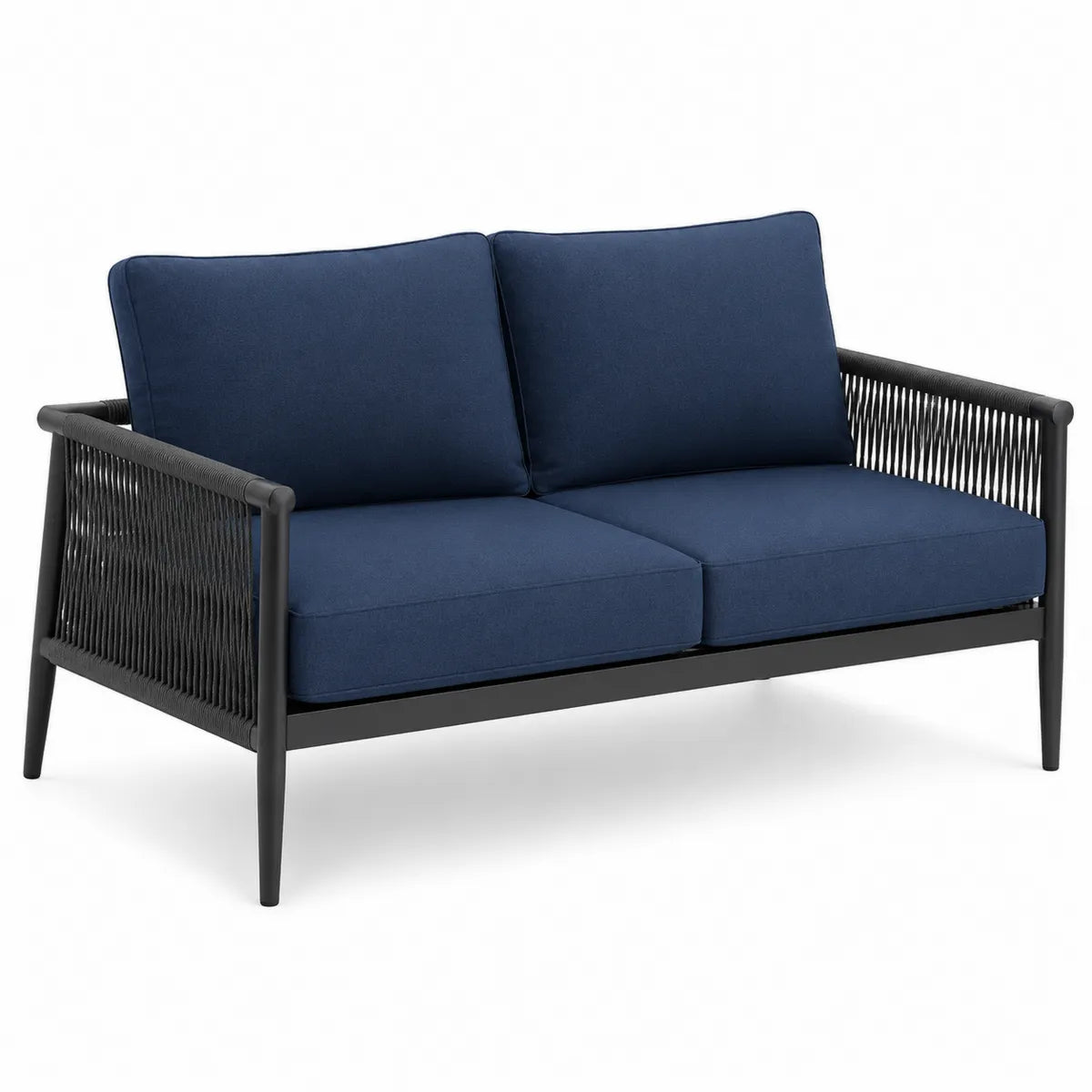 Dwuosobowa sofa aluminiowa z granatowymi poduszkami
