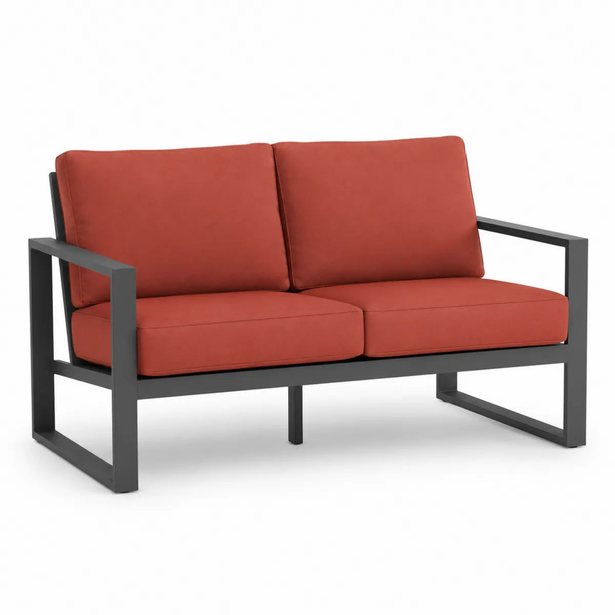 Dwuosobowa sofa z czerwoną tapicerką i stalową ramą