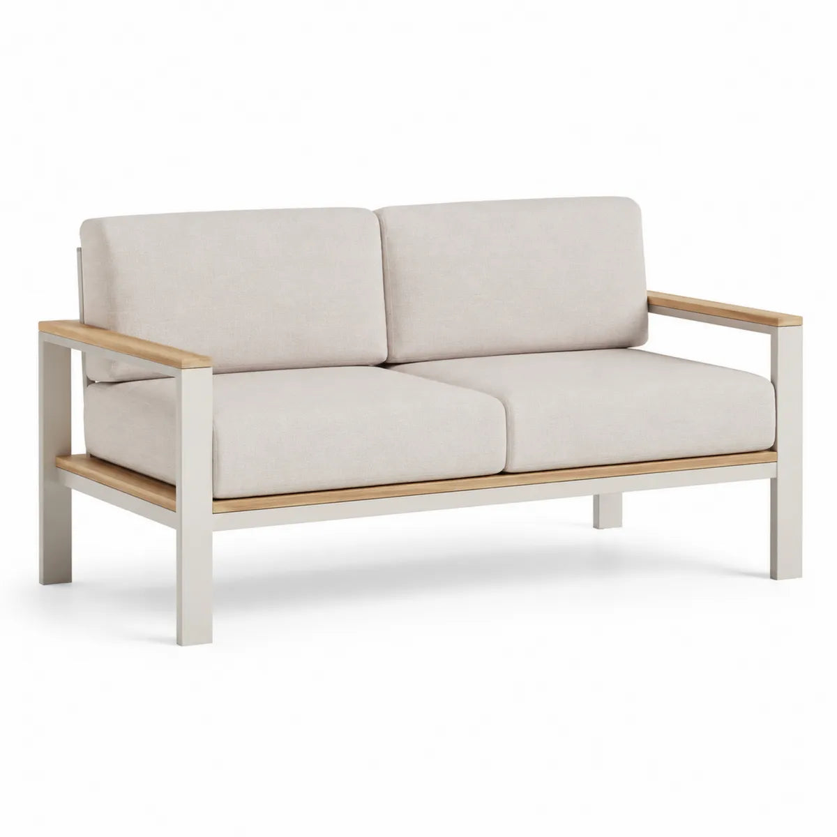 Dwuosobowa sofa ogrodowa aluminiowa z drewnianymi podłokietnikami