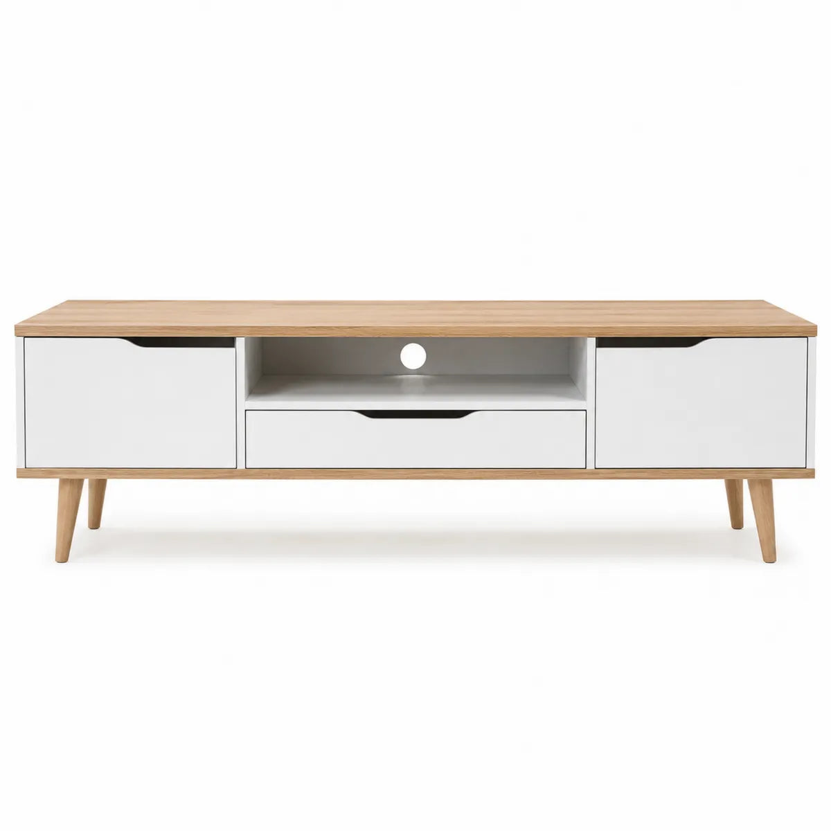 Drewniana szafka RTV biało-dębowa z MDF 120 cm