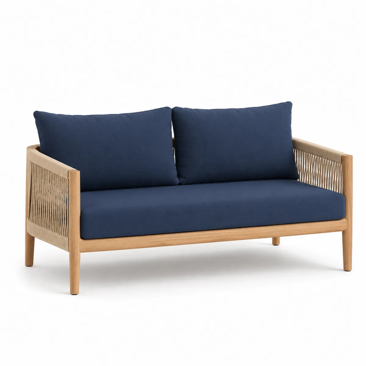 Dwuosobowa sofa z drewna teak i niebieskiego poliestru