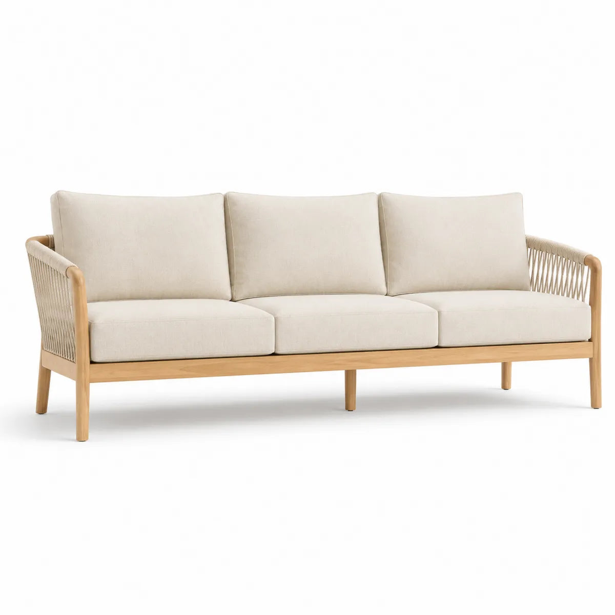 Sofa ogrodowa 3-osobowa beżowa drewno tekowe tkanina bawełniana